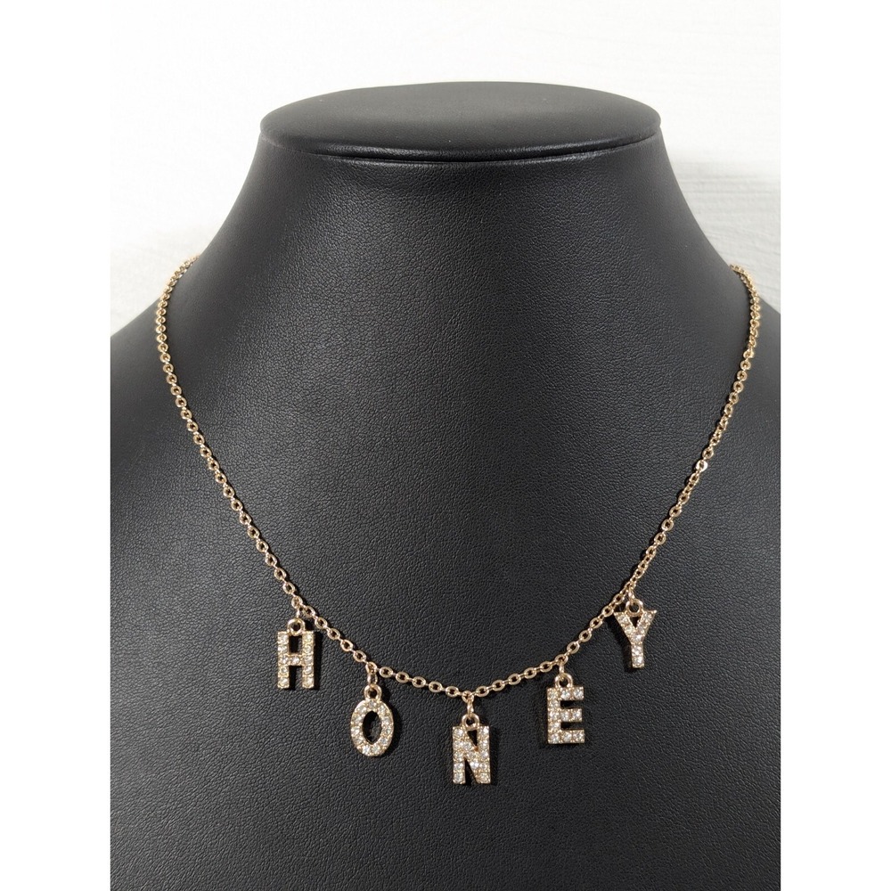 Gold Tone Rhinestone HONEY Letter Charm‎ Necklace 20"